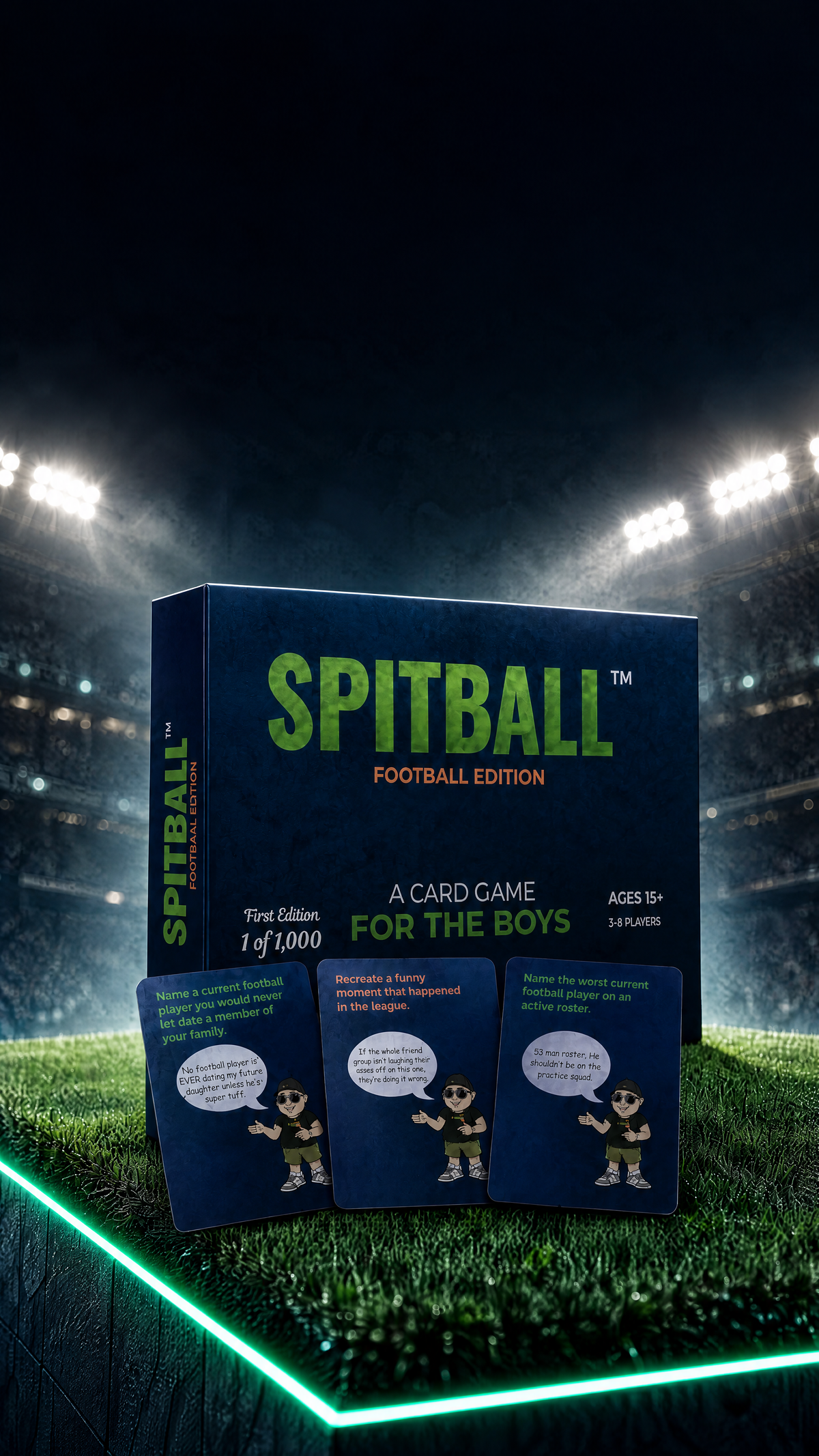 Spitball Football Edition box and cards on a stadium field